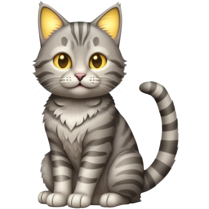 cinematic-[grey tabby cat]-realistic-full-body-sitting-emoji,-tail-curled-playfully-around-its-paws,-head-tilted-dramatically,-scruffy-[grey]-fur,-simplified-yet-realistic-focused-features,-highly-detailed,-glowing-with-an-almost-sarcastic-glow emoji