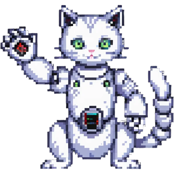 pixel art cat with a robotic arm, retro gaming vibe emoji