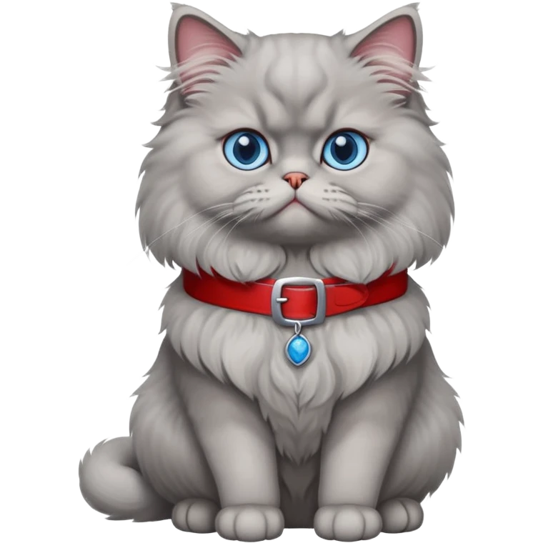 gray Persian cat full body sitting with blue eyes and red belt emoji