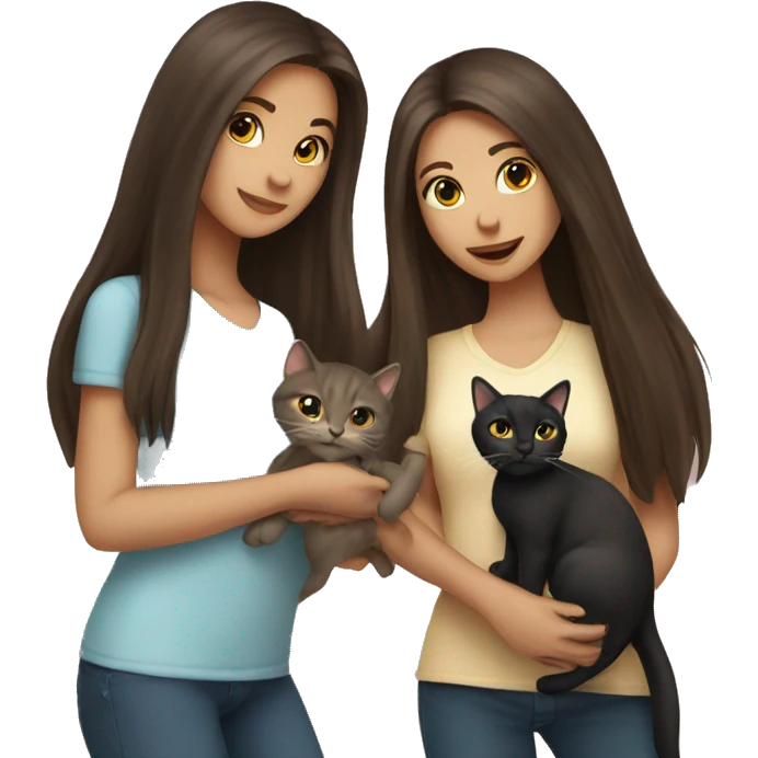 Two long hair brunette girls and two cats in their hands emoji