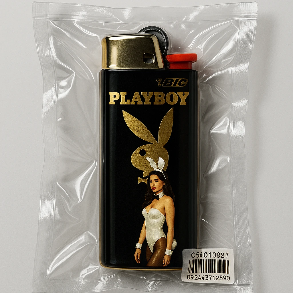 BIC lighter, glossy and puffy, with a gold Playboy Bunny logo and a model in a white bunny suit emoji