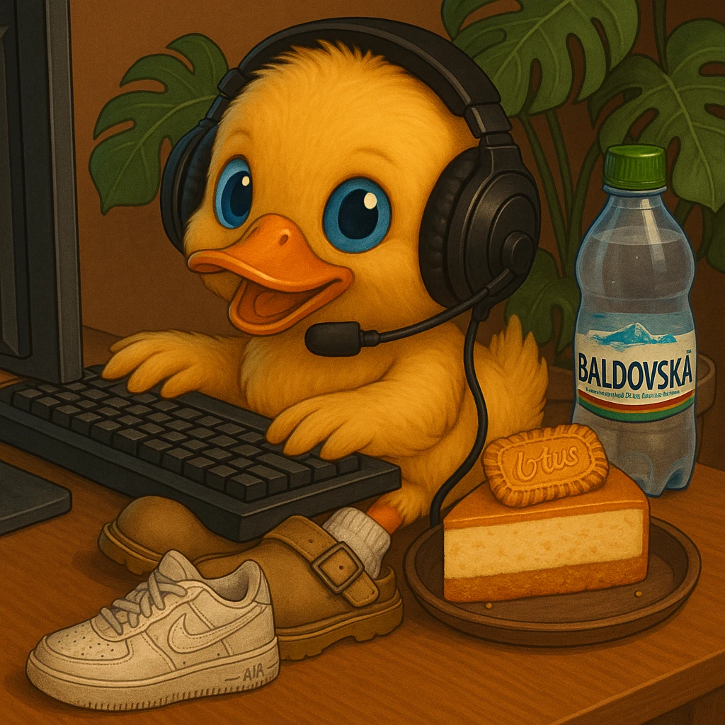 Add a monstera plant in the background. Place old white Air Force sneakers on the ground. Keep the duck with blue eyes playing games on a computer, wearing a headset, white socks, beige Dr. Martens Jorge slippers, drinking Baldovská mineral water, and eating a Lotus cheesecake. Maintain the original style and details from the reference image. emoji