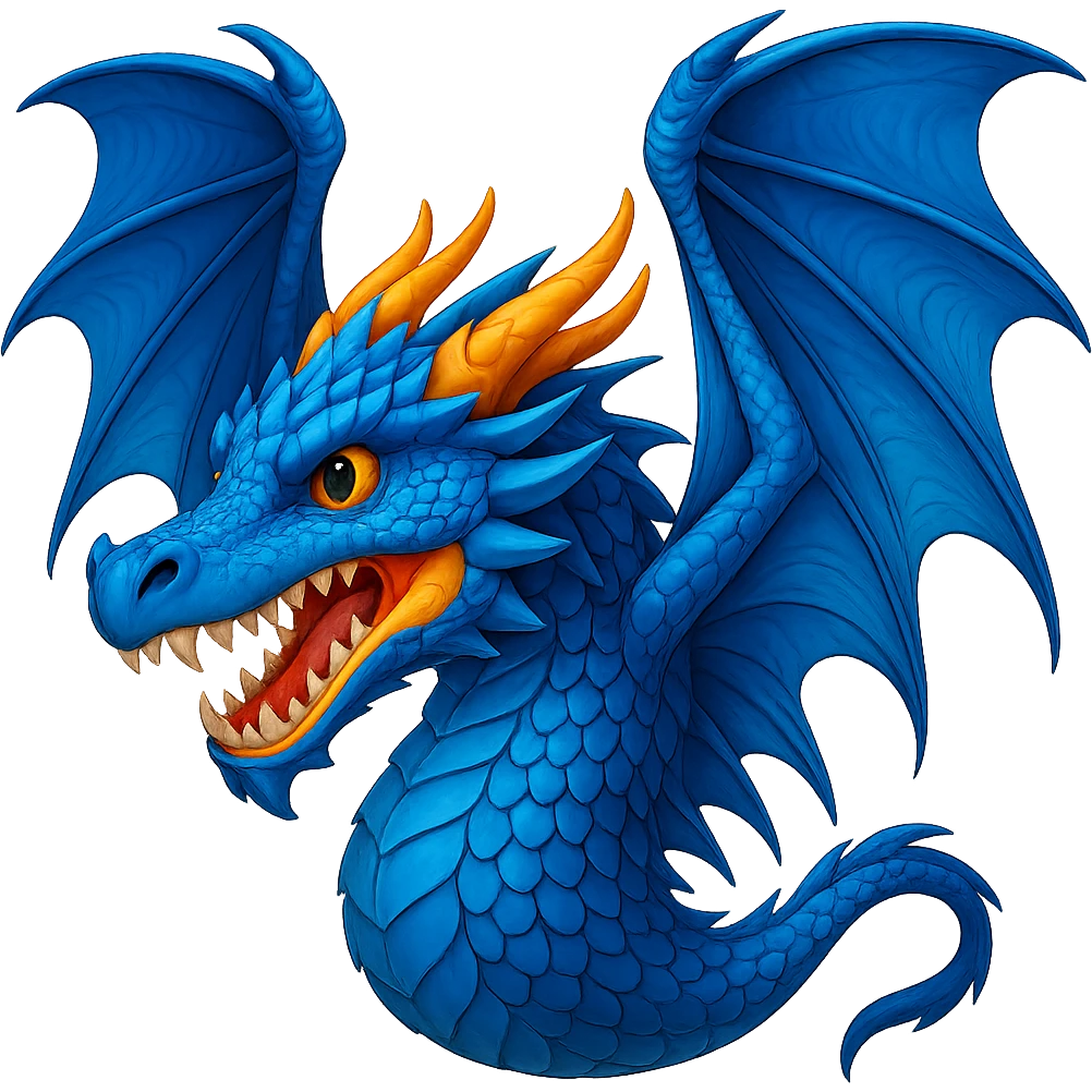 Add large, detailed wings to this fiery blue dragon, keep the style consistent with the original image, and remove the background. emoji