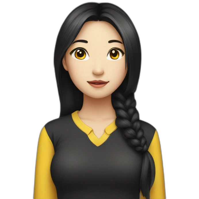 Female asian round face with black long untied hair yellow highlight in a black shirt emoji