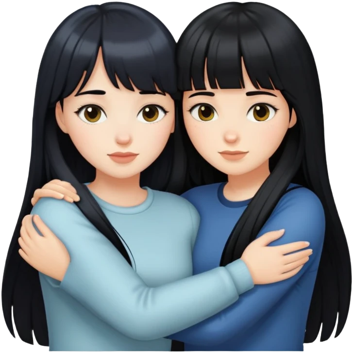 two white girls with long black hair hugging, one girl has bangs emoji