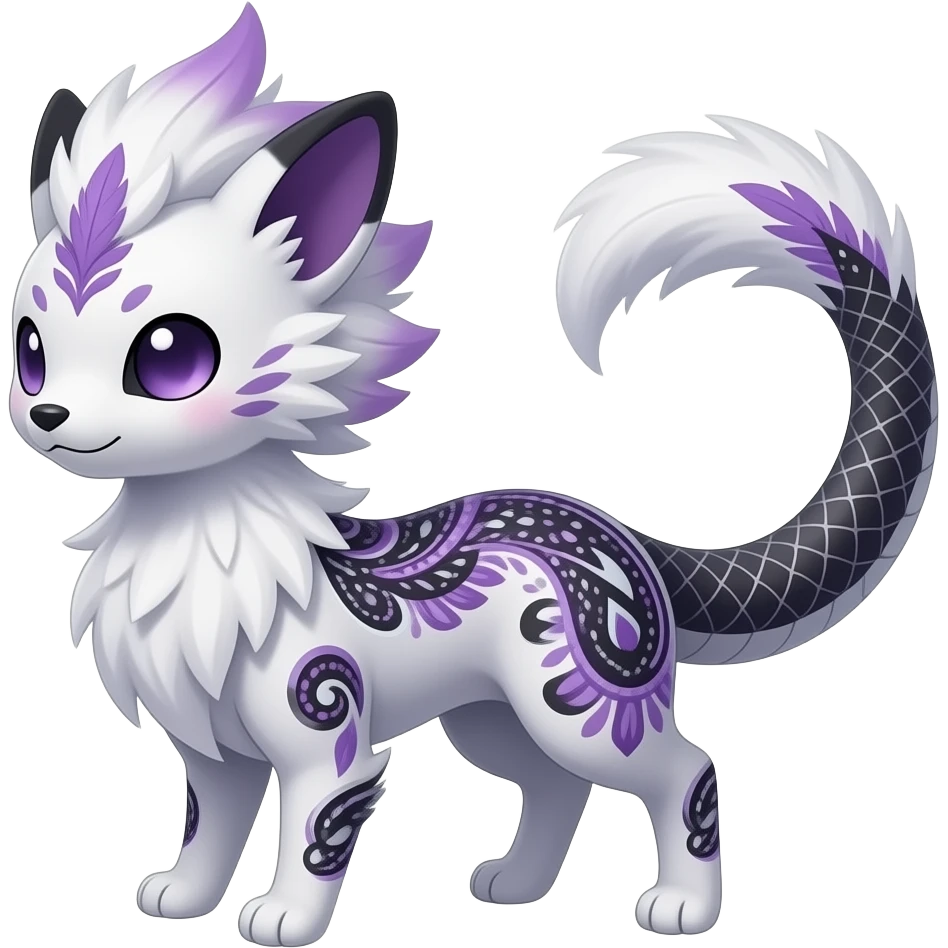 Paisley-patterned Slim stylish feather-maned elegant realistic Asian Furry, feathery fluffy tropical flecked painted feathery scaly, Purple, white, black, Minccino-Bambino-Lykoi-Linoone-Zangoose-fusion-hybrid-animal-Fakémon-creature, full body, thin long sleek scaly tail, intricate markings emoji