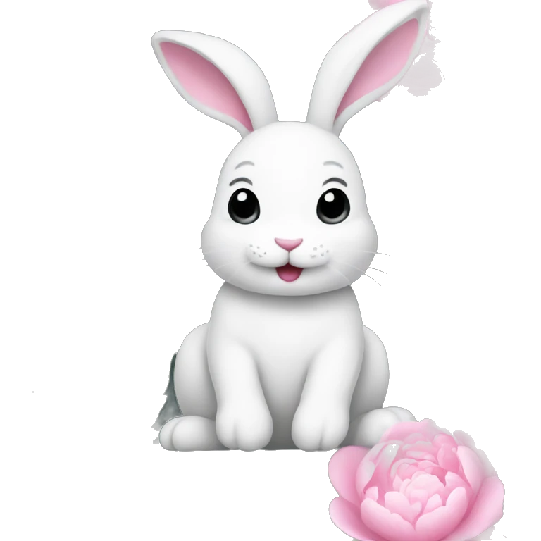 cute white bunny holding light pink peonies emoji