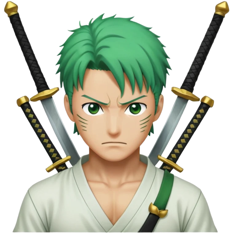 Roronoa Zoro with green hair, three swords, white shirt, green haramaki emoji