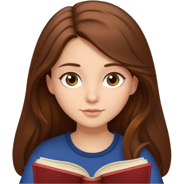 Cozy girl with long brown hair and brown eyes reading  emoji
