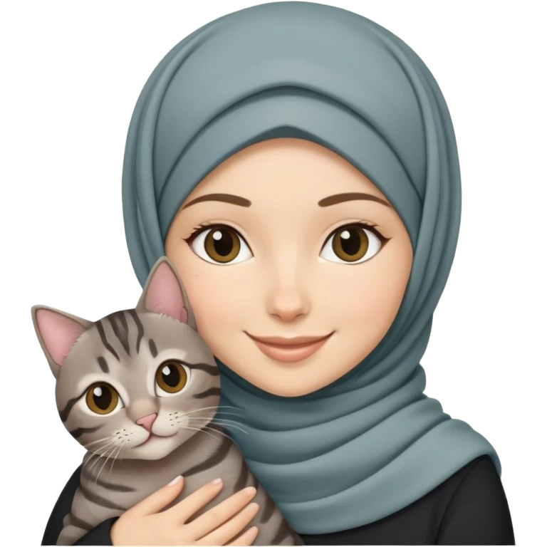 White girl wearing hijab holding a black grey tabby cat while smiling emoji