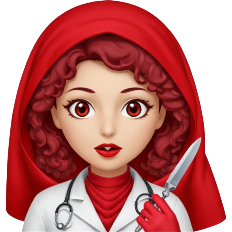 Lilith scalpel in hand, evil surgeon outfit.  She has red eyes. She has dark brown curly hair. Hair is long . Wears sexy doctor outfit with red gloves. Cover, neck and mouth with Muslim red burka emoji