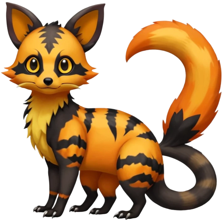 Rare warm-colored exotic cute epic aesthetic gothic colorful Salandit-Eevee-Civet-species-Fakemon-hybrid-creature, with wild markings, full body emoji