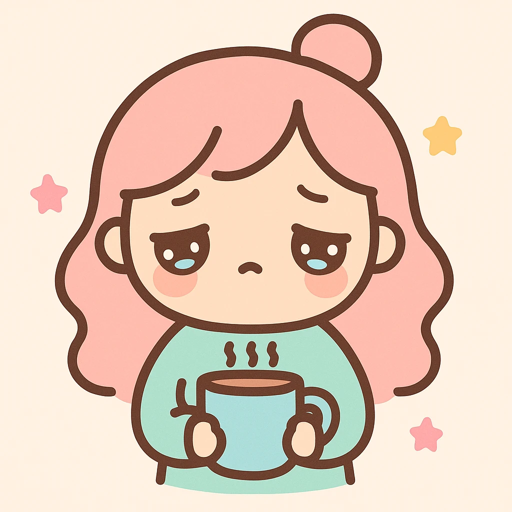 a tired mom, kawaii style, droopy eyes, holding coffee emoji