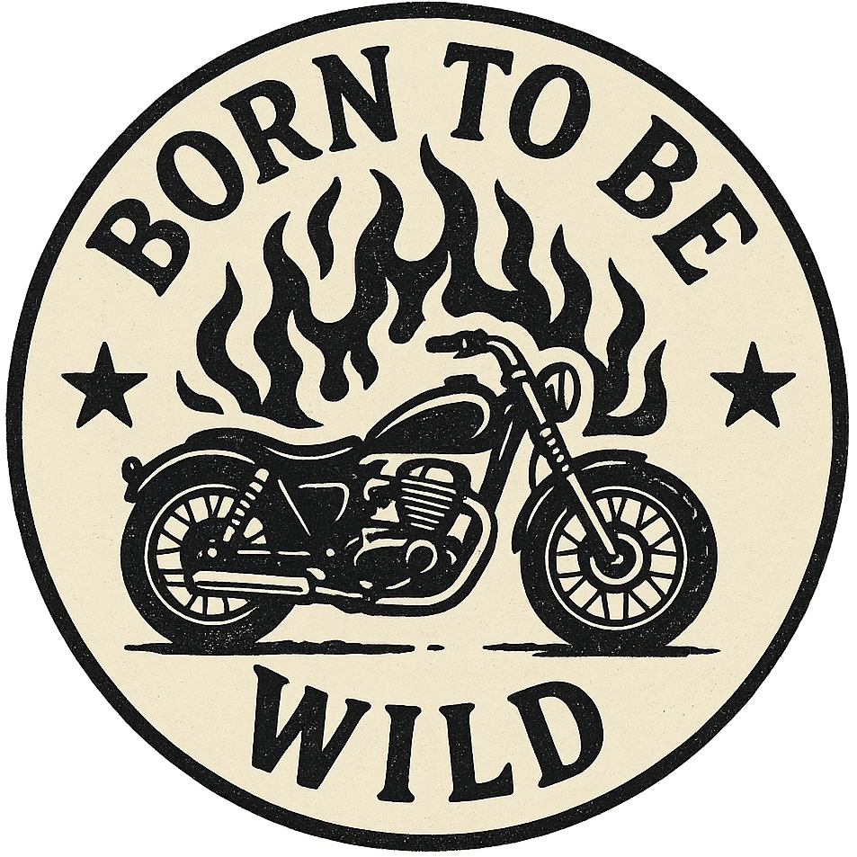 circular motorcycle cap design with transparent background, text 'Born to be wild', motif: motorcycle, flame, star, classic style emoji