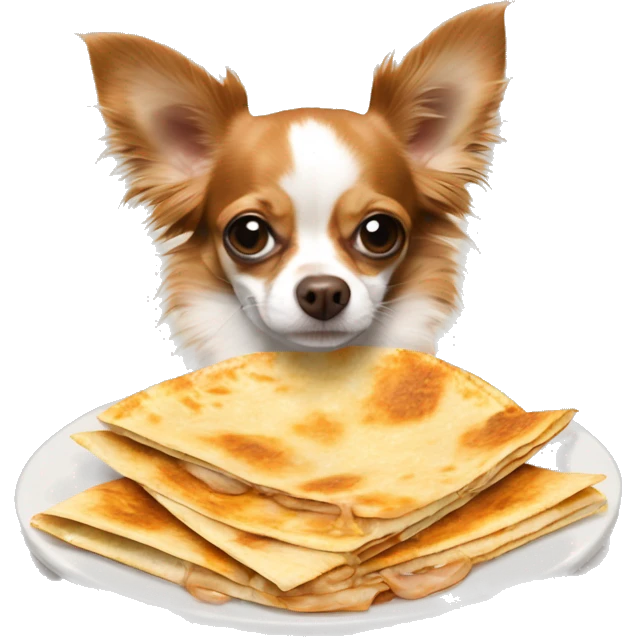 Long-haired reddish brown Chihuahua with white markings eating quesadilla emoji