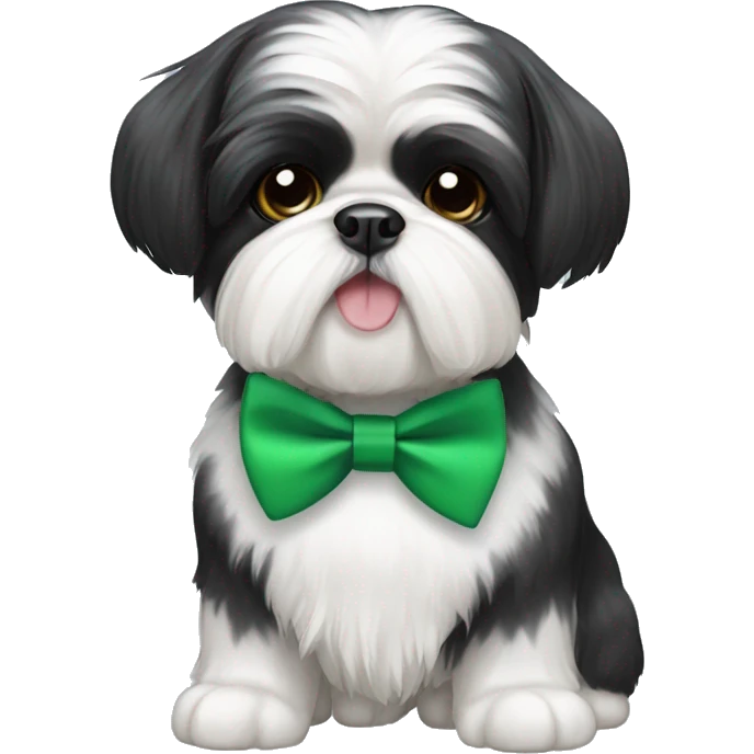 Mostly Black and white Shih Tzu wearing a green bowtie  emoji
