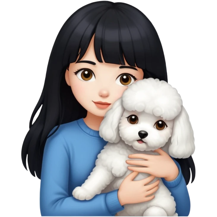 A beautiful girl with long black hair and bangs hugs a little Bichon Frise emoji