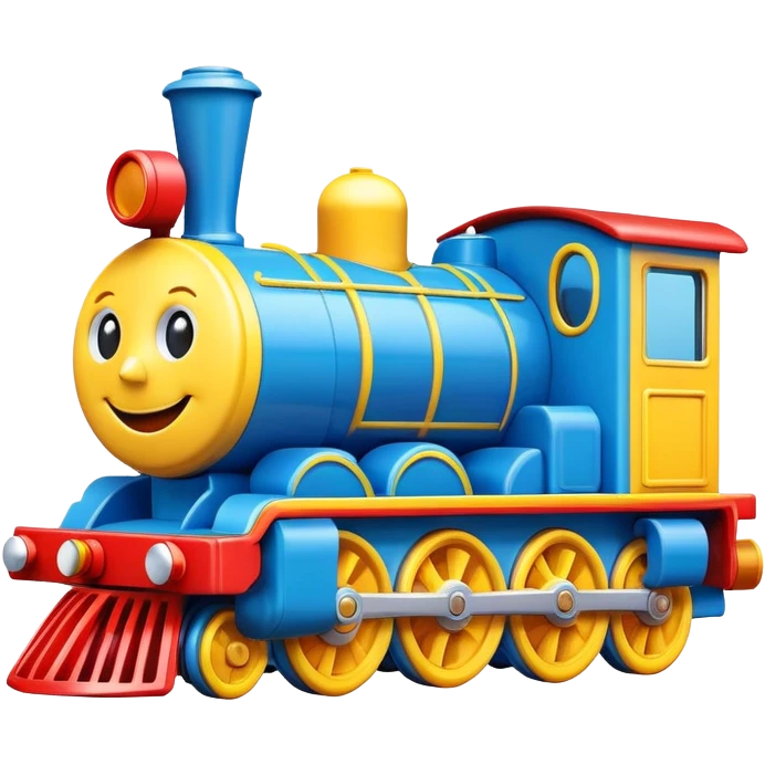 A colorful toy train engine with a big happy smiling face on the front emoji