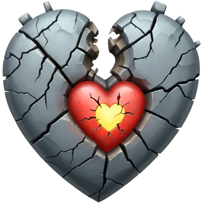 An old and barren grey heart with a small glowing transparent heart inside it emoji