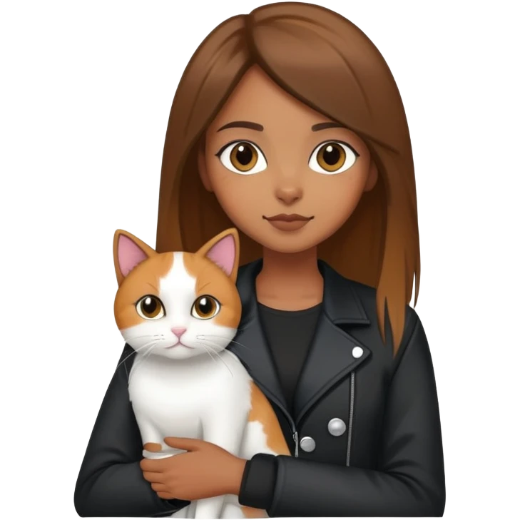 Brown straight-haired girl wearing black jacket with white cat and calico cat emoji