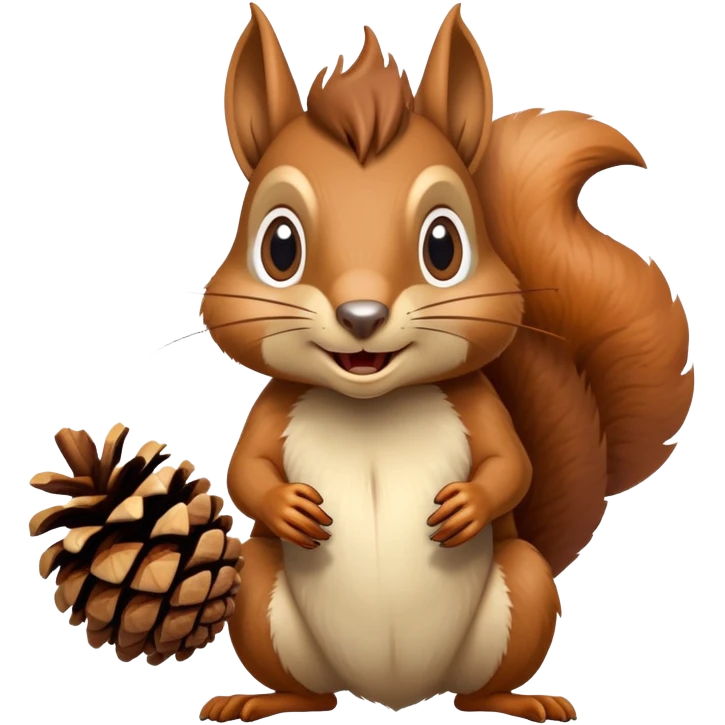 Greedy squirrel with a big pine cone balancing on its head, showing a strange creepy expression, hungry looking emoji