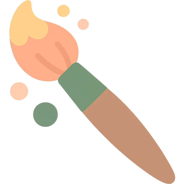 A cute and whimsical artist's paintbrush with a soft and cozy design, featuring a warm color palette: golden orange (FA9B41), deep forest green (4A7C5C), muted taupe brown (96775A), and pastel peach (FFCC9A). The brush has a delicate wooden handle in muted brown, with the bristles slightly fanned out, holding a touch of paint in shades of peach and orange. The tip of the brush is dipped in a soft golden hue, and tiny splashes of paint in the palette’s colors are gently scattered around. The overall mood is playful, artistic, and charming, evoking a sense of creativity and warmth. emoji