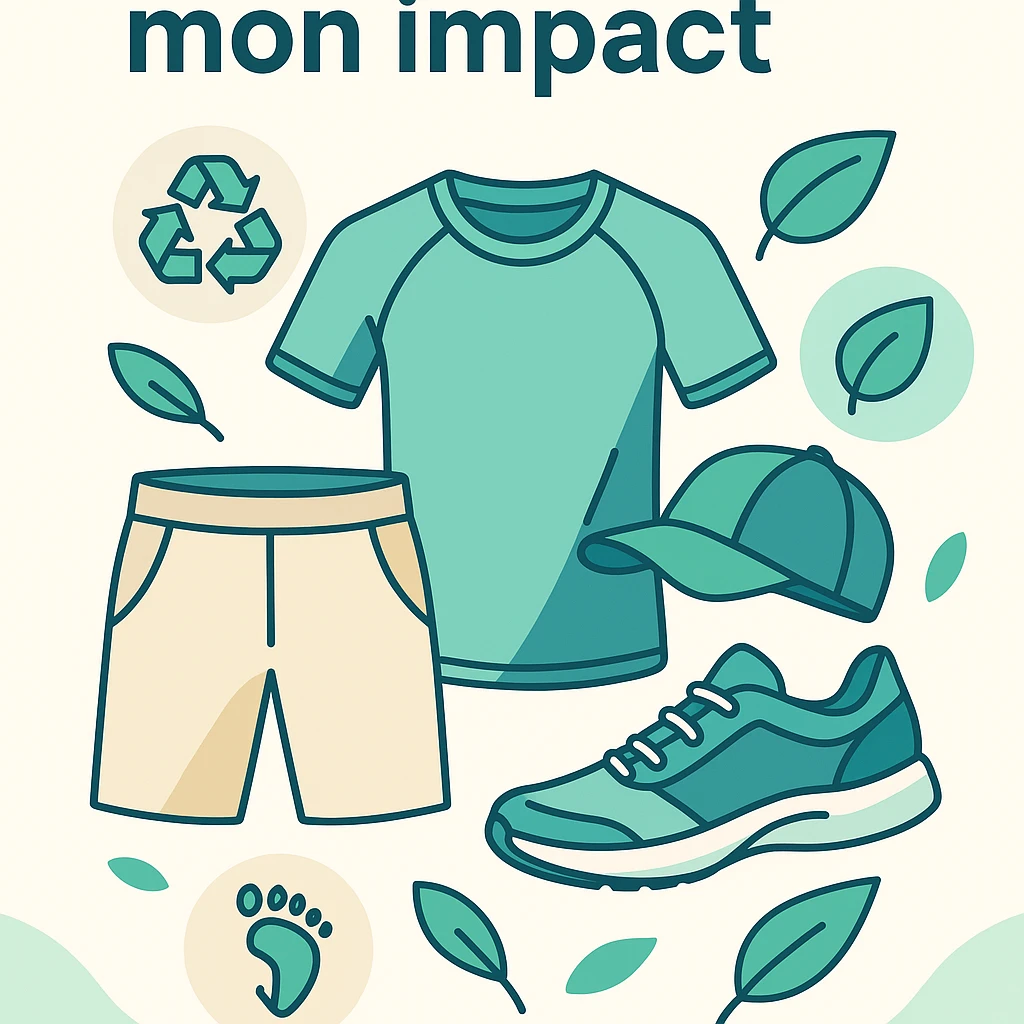vertical mobile app screen for Decathlon, modern and clean style, header with the phrase 'Mon équipement, mon impact' at the top, stylized illustrations of eco-responsible sports clothing, pictograms of recycling, leaves, reduced carbon footprint, highlight promo #Ecomax15, soft green, beige, white, light blue palette, dynamic and sporty atmosphere emoji
