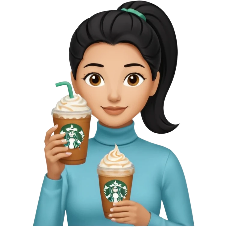  tan skin woman with long face, and very short black hair slicked back ponytail with forehead showing, wearing solid light blue turtleneck shirt, drinking starbucks caramel frappuccino, smiling with middle parted hair emoji