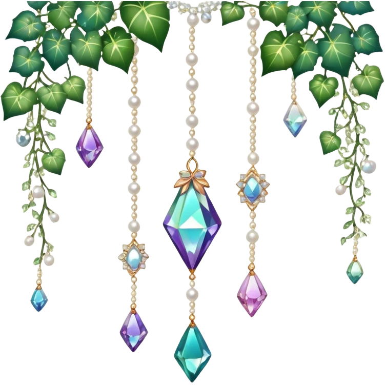 Exotic romantic Few cute tiny Iridescent glistening glossy sparkly shiny glittery hanging crystals pearls and beads and gemstones scenery scenic decorations with ivy and flowers emoji