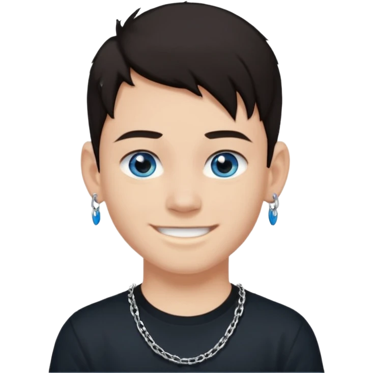 Un chico de pelo negro y ojos azules sonriendo levemente con una camiseta negra y una cadena de plata, tiene un piercing en el labio labret lateral un pendiente en la oreja izquierda y otro en la derecha con dos piercing arriba en el cartílago emoji