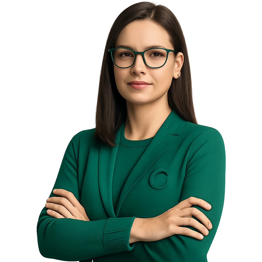 confident female CEO wearing an emerald green sweater, straight brown hair, emerald green glasses, modern office vibe emoji