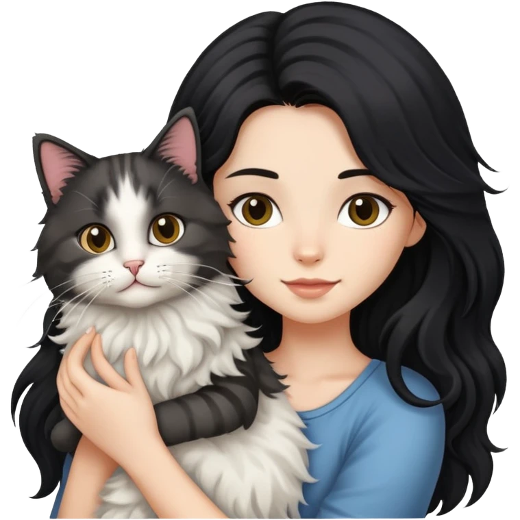 Long black hair girl holding a haired tabby cat emoji