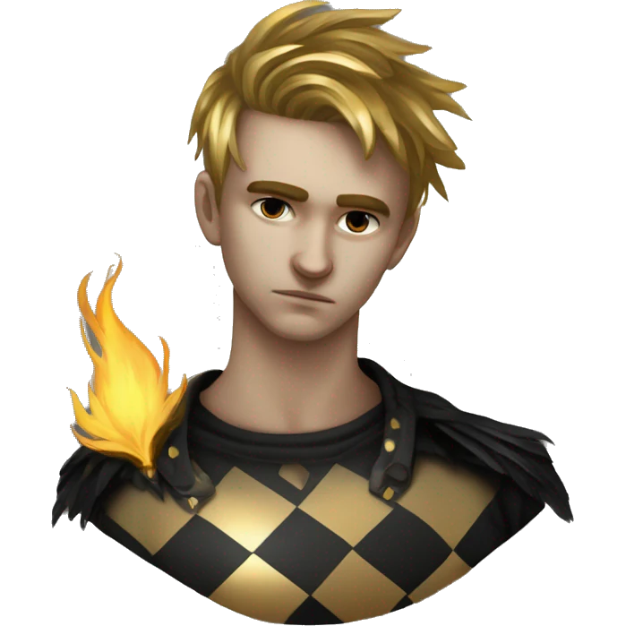 Hamlet young skinny sad man iridescent hair wearing raven feathers and golden flames yin yang chess board emoji