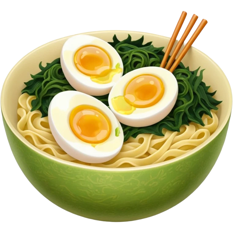 Bowl of noodles with boiled egg and seaweed emoji