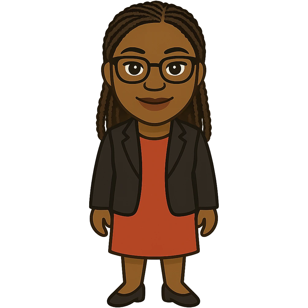 full body emoji of Kemi Badenoch, with glasses and braided hair, standing, cartoon style, transparent background emoji