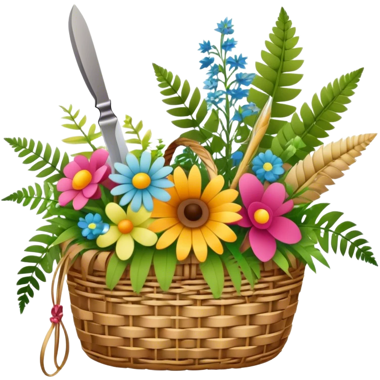 Icon for Floristry: a woven basket with flowers, reeds, ferns, bright ribbons and a small plush toy. Add scissors and knife. The icon should represent creativity in flower arrangement and decorative design. Transparent background. emoji