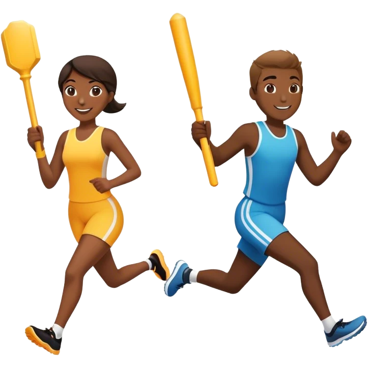No that looks like a sword fight.  Make two people in a relay race with one large bright baton passing it from one person to the next while running and smiling. One needs to be running behind the other in the same direction. Better now one baton being handed of.  Nope  emoji