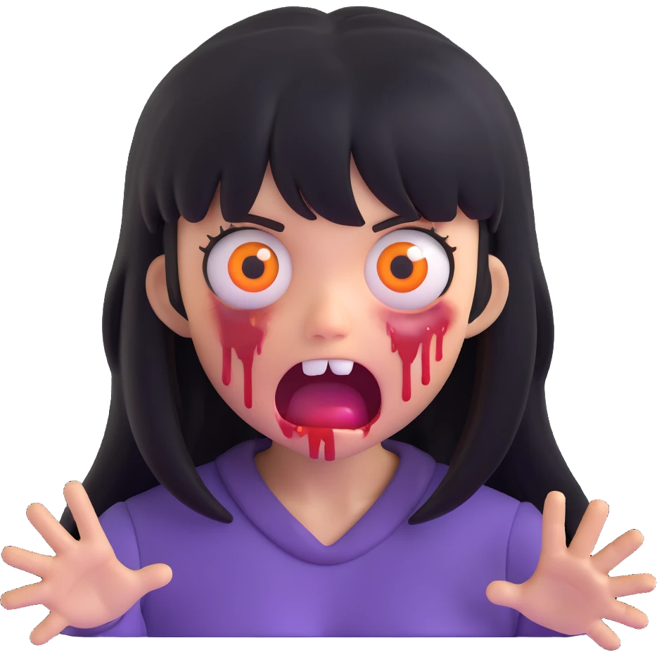zombie girl emoji with medium long black hair and bangs, terrified expression, scary appearance emoji