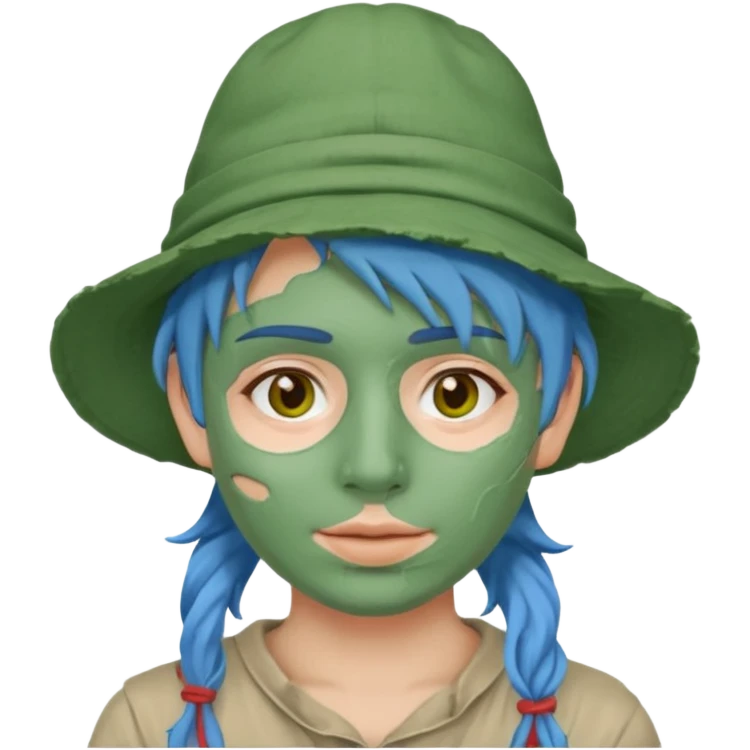 messy green full face clay mask and tourist hat blue hir emoji