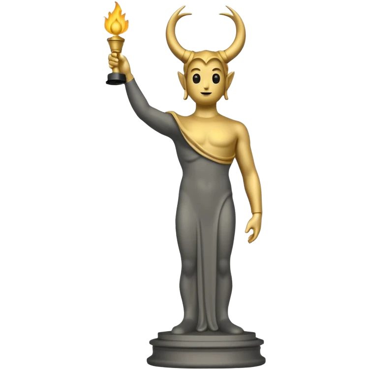 Minimalist emoji-style sticker of a full-body Oscar-like statue in matte gray-gold, with small horns  and faint flames at the base, all in black and muted hues emoji
