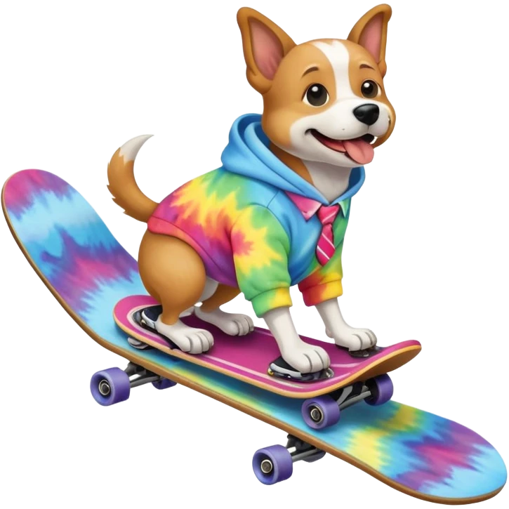 A dog on a skateboard wearing a tie dye hoodie on a rollercoaster emoji