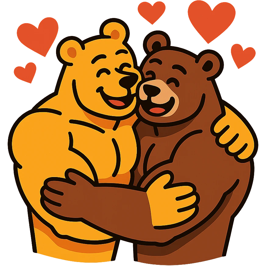 two muscle bears hugging, surrounded by hearts, playful and loving, cartoon style emoji