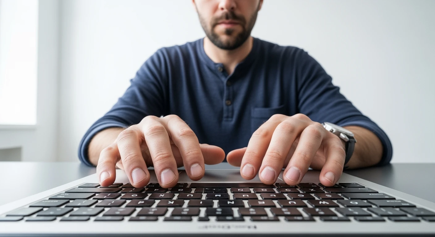 Cinematic still, POV camera, Man writing on macbook pro keyboard, minimalistic environment emoji