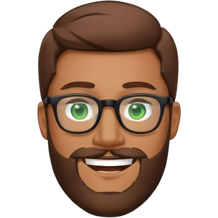 Superman with brown hair, a beard, and glasses on. Eyes are green. Happy face emoji