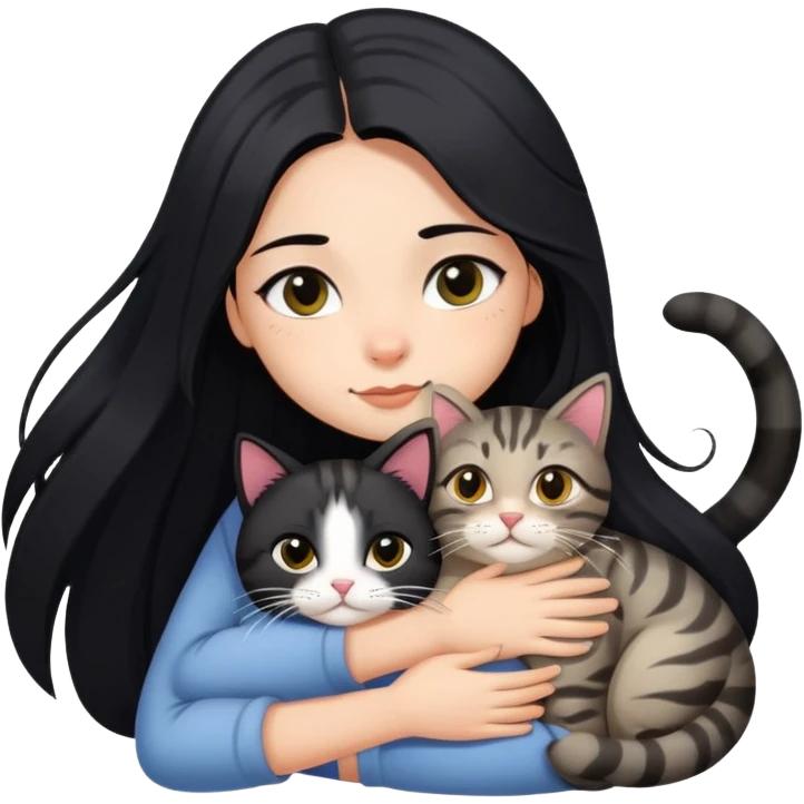 a black long hair girl with black eyes hugging a three-color tabby cat emoji