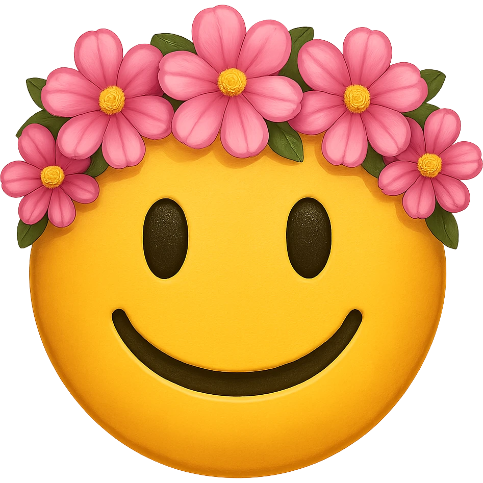 yellow face with pink flower crown emoji, digital illustration emoji