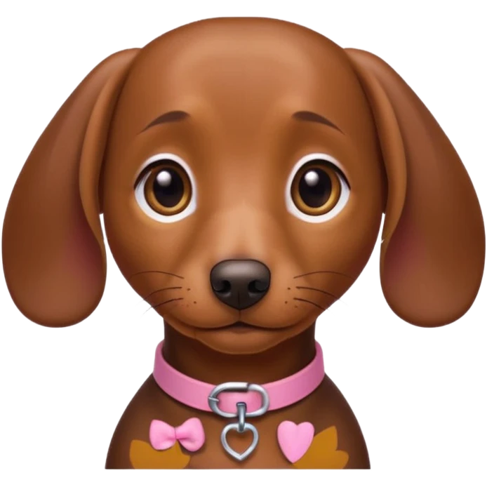 Make a brown short hair dachshund with hazel  eyes and a collar that says the name mocha with a pink band for the collar emoji