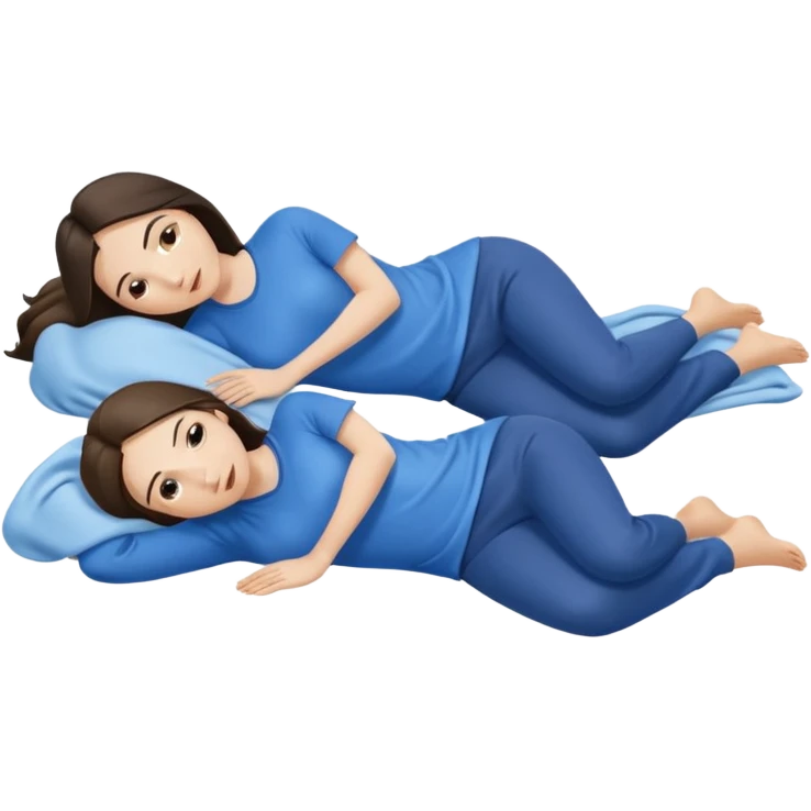 two white brunette women lying down full body on top of each other wrapped around each other one wearing a blue shirt they should be melting into each other. ONLY two women not three emoji