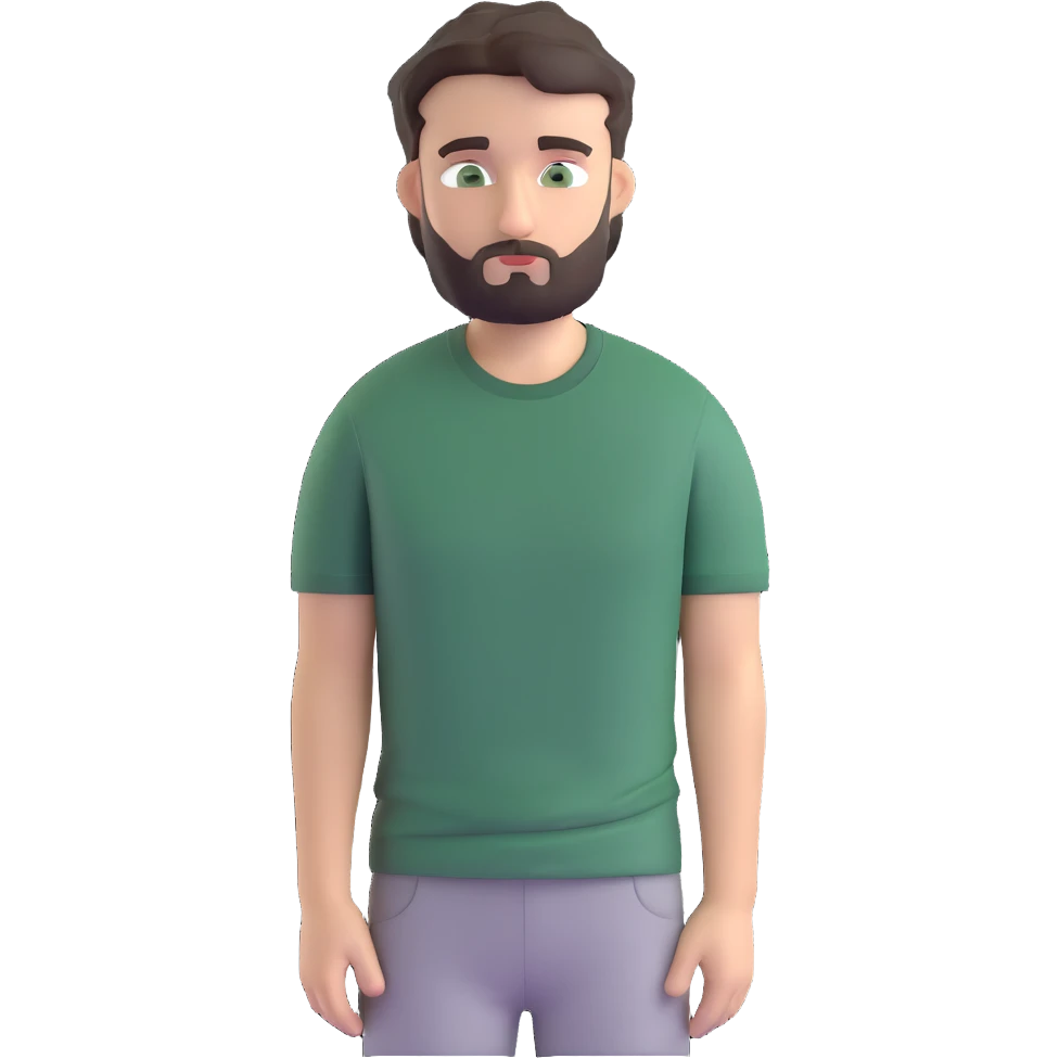 man with dark messy short hair, dark green eyes, gray T-shirt, and short beard emoji