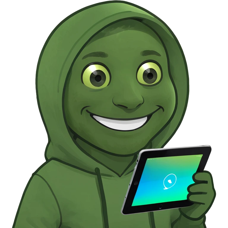 a man in a hoodie, smiling, holding an iPad, memoji style emoji